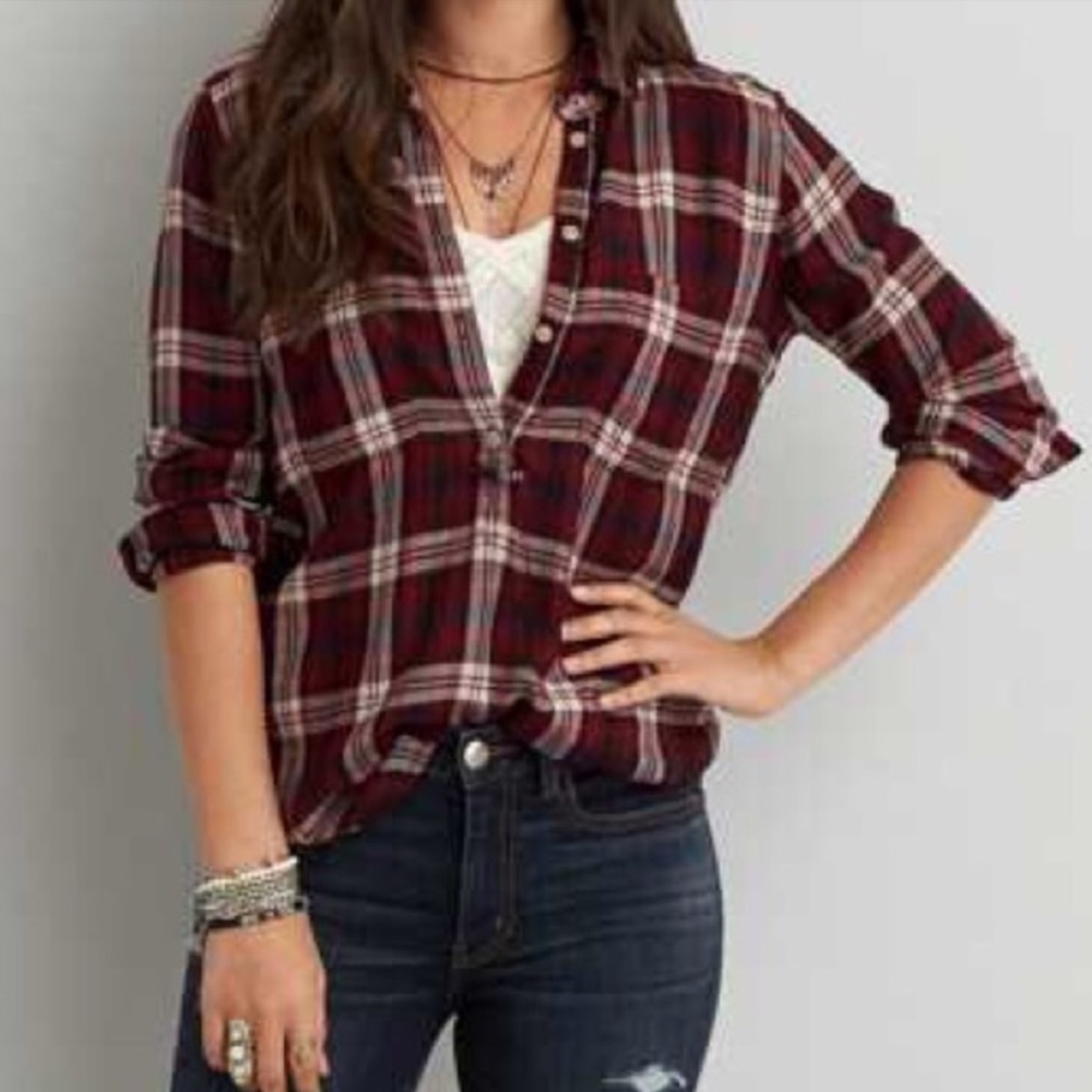 American Eagle Boyfriend Fit Plaid Top